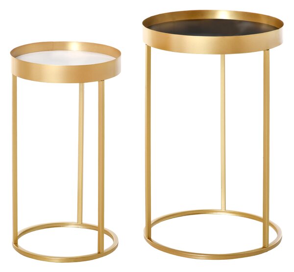 HOMCOM Set of 2 Nesting Coffee Tables with Gold Metal Base, Round Side Table with Embedded Tabletop in Marble Color, Living Room, Bedroom