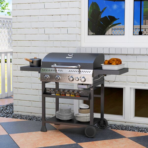 Outsunny Galvanised Steel 4+1 Gas Burner BBQ Grill Trolley, Black Aosom UK