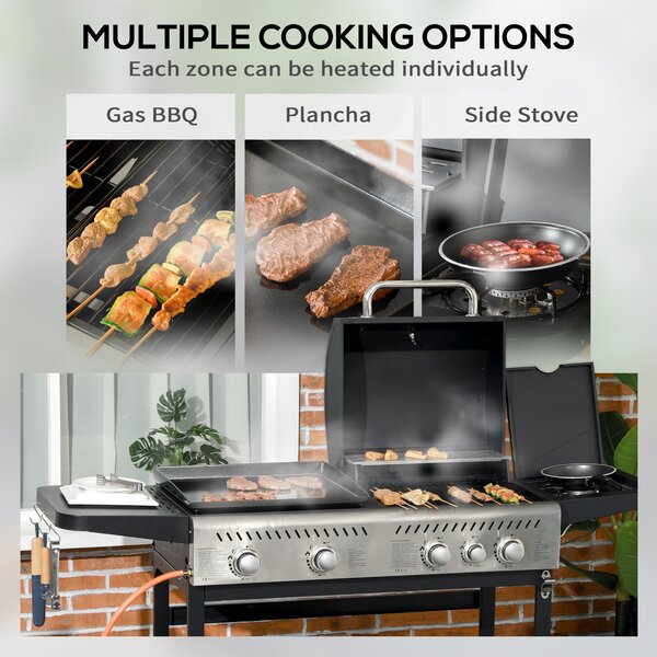 Outsunny 15 kW Gas BBQ Grill and Plancha with Side Burner, Black