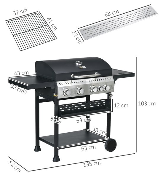 Outsunny Galvanised Steel 4+1 Gas Burner BBQ Grill Trolley, Black Aosom UK