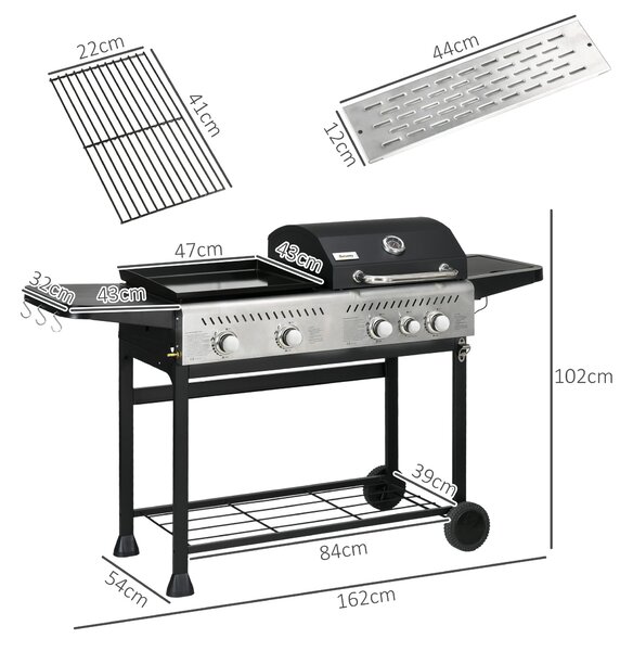 Outsunny 15 kW Gas BBQ Grill and Plancha with Side Burner, Black