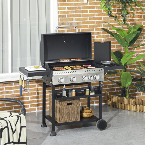 Outsunny Galvanised Steel 4+1 Gas Burner BBQ Grill Trolley, Black Aosom UK