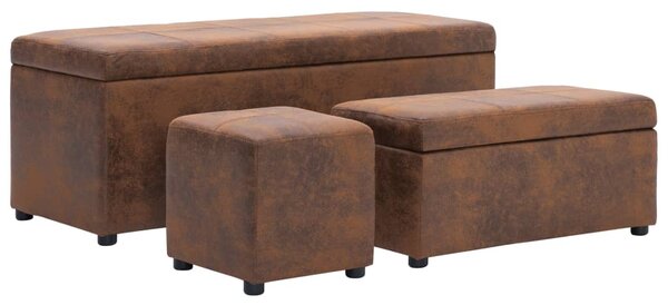 Benches with Footrest 3 pcs Brown Faux Suede Leather