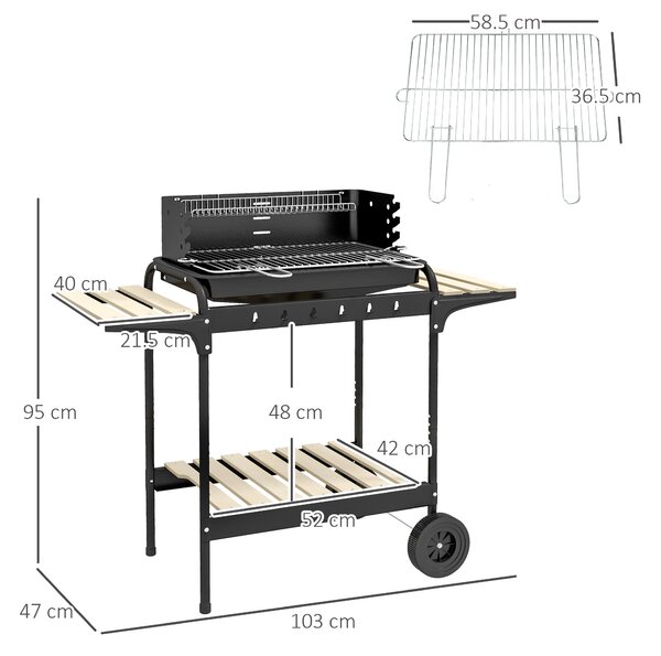 Outsunny Charcoal Barbecue Grill with Adjustable Grill Height, Portable BBQ Trolley with Ash Catcher and Wheels for Outdoor Garden Party Cooking, Black
