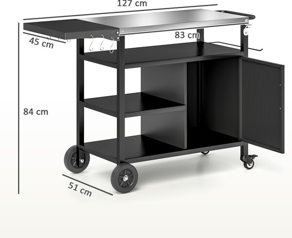 Outsunny Outdoor BBQ Trolley with Foldable Side Table, Stainless Steel Top, Outdoor Kitchen with Wheels Hooks Shelves Cabinet, Pizza Oven Table Movable Outdoor Grill Dining Cart with Cover, Black