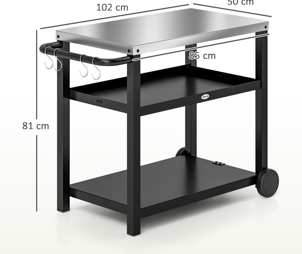 Outsunny Outdoor Grill Dining Cart 3-Shelf Movable Pizza Oven Table Stand with Stainless Steel Top, Portable BBQ Trolley Food Prep Outdoor Kitchen BBQ Station with Hooks Wheels Handle, Charcoal Grey