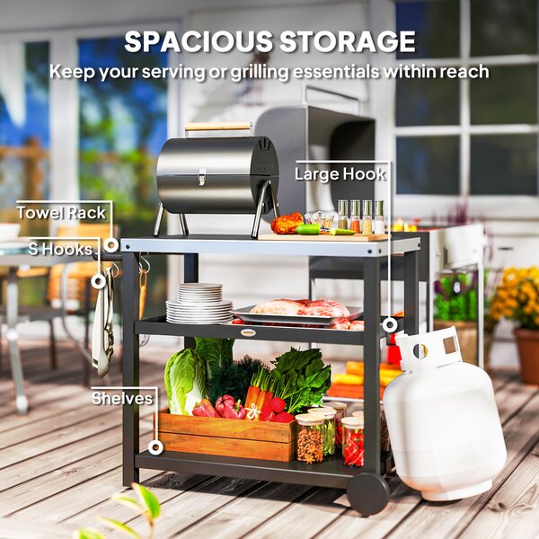 Outsunny Outdoor Grill Dining Cart 3-Shelf Movable Pizza Oven Table Stand with Stainless Steel Top, Portable BBQ Trolley Food Prep Outdoor Kitchen BBQ Station with Hooks Wheels Handle, Charcoal Grey
