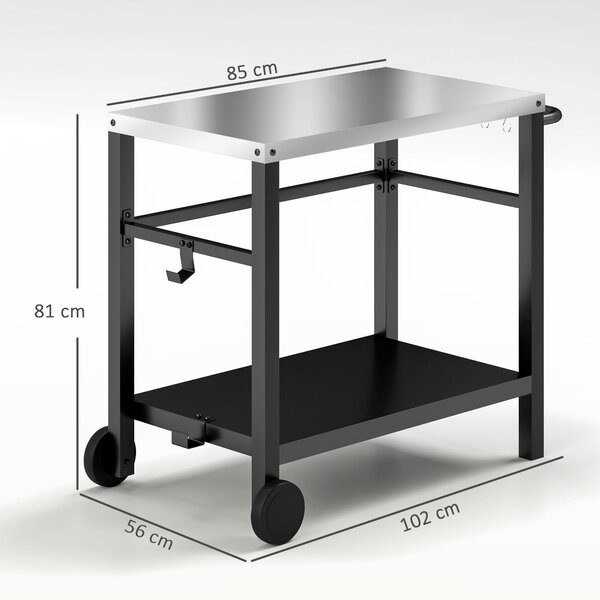 Outsunny Outdoor Grill Dining Cart 2-Shelf Movable Pizza Oven Table Stand with Stainless Steel Top, Portable BBQ Trolley Food Prep Outdoor Kitchen BBQ Station with Hooks Wheels Handle, Charcoal Grey