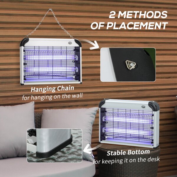 Outsunny Wall Hanging 20W Electric Insect Killer, Fly & Mosquito Zapper, Bug Zapper, Silver Aosom UK