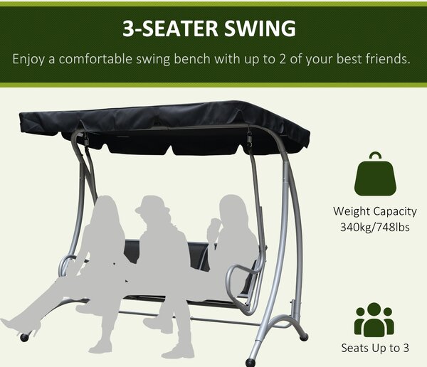 Outsunny 3 Seater Bench Steel Outdoor Patio Porch Swing Chair with Adjustable Canopy - Black Aosom UK