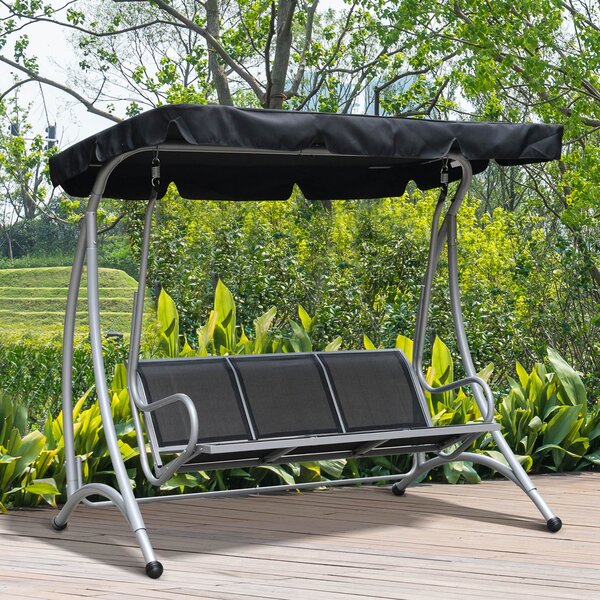 Outsunny 3 Seater Bench Steel Outdoor Patio Porch Swing Chair with Adjustable Canopy - Black Aosom UK