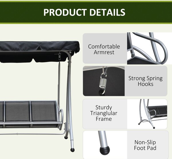 Outsunny 3 Seater Bench Steel Outdoor Patio Porch Swing Chair with Adjustable Canopy - Black Aosom UK
