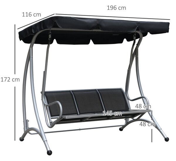 Outsunny 3 Seater Bench Steel Outdoor Patio Porch Swing Chair with Adjustable Canopy - Black Aosom UK