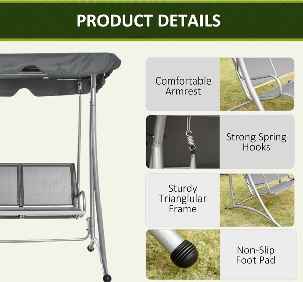 Outsunny 3 Seater Bench Steel Outdoor Patio Porch Swing Chair with Adjustable Canopy - Dark Grey Aosom UK