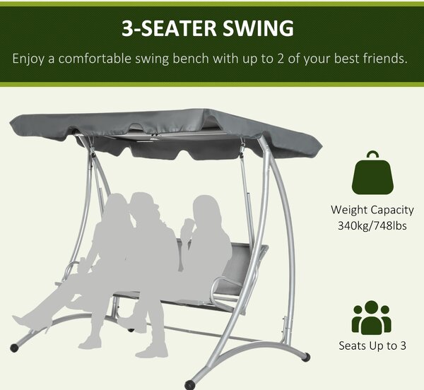Outsunny 3 Seater Bench Steel Outdoor Patio Porch Swing Chair with Adjustable Canopy - Dark Grey Aosom UK