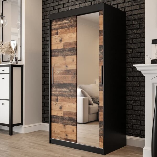 Topeka 1 Mirrored 100cm Wardrobe With 2 Sliding Doors In Dark Oak