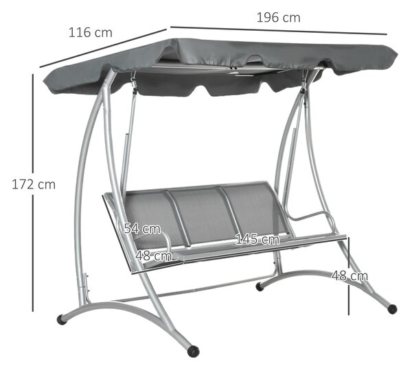 Outsunny 3 Seater Bench Steel Outdoor Patio Porch Swing Chair with Adjustable Canopy - Dark Grey Aosom UK