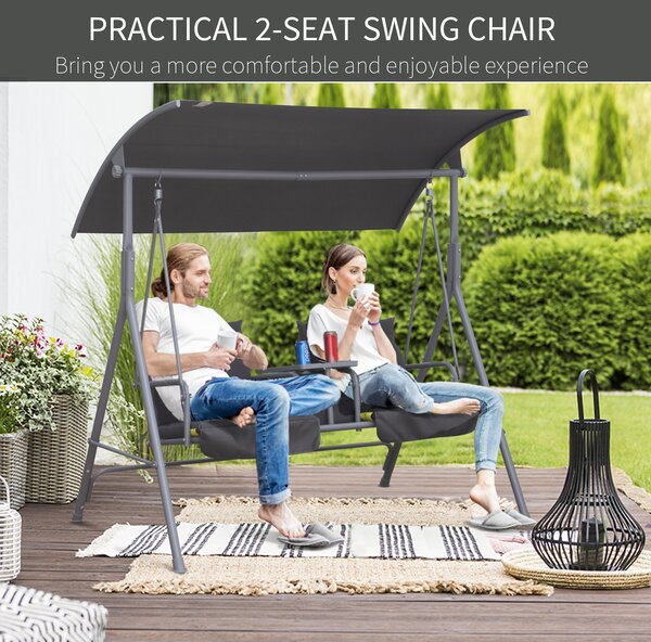 Outsunny Steel Frame 2-Seater Swing Chair w/ Table Grey