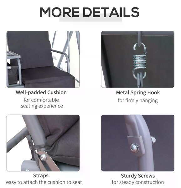 Outsunny Steel Frame 2-Seater Swing Chair w/ Table Grey