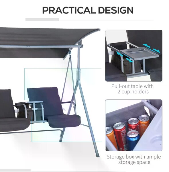 Outsunny Steel Frame 2-Seater Swing Chair w/ Table Grey