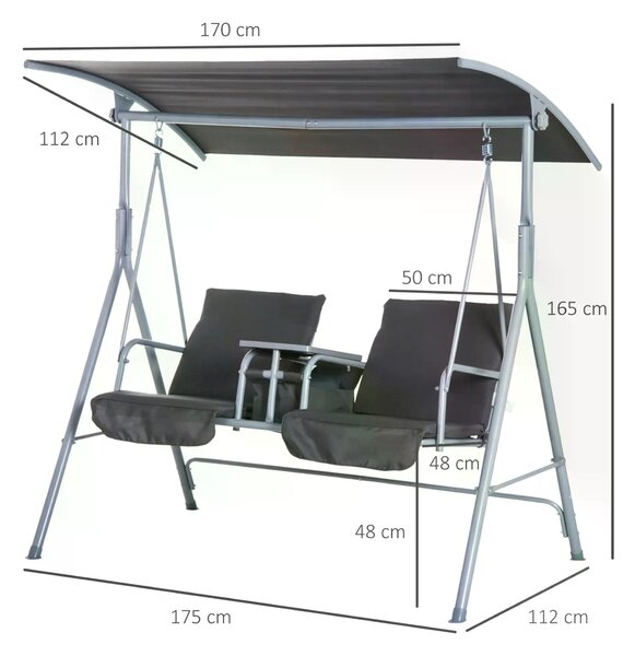 Outsunny Steel Frame 2-Seater Swing Chair w/ Table Grey