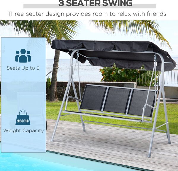 Outsunny Patio Swing Chair 3-Seater Garden Hammock Bench with Rocking Shelter Shade, Metal Frame, Black