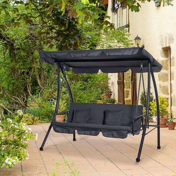 Outsunny Waterproof 2-in-1 Patio Swing Chair Lounger 3 Seater Garden Swing Seat w/ Convertible Tilt Canopy and Cushion, Dark Grey Aosom UK
