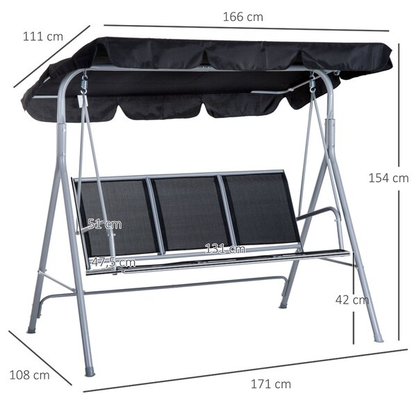 Outsunny Patio Swing Chair 3-Seater Garden Hammock Bench with Rocking Shelter Shade, Metal Frame, Black