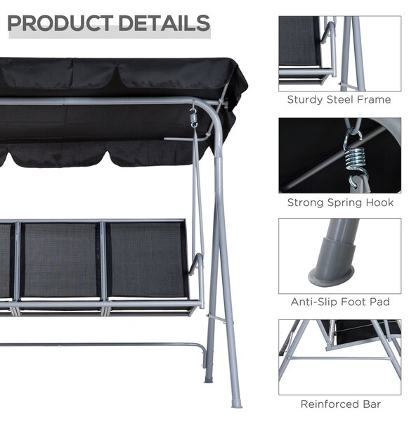 Outsunny Patio Swing Chair 3-Seater Garden Hammock Bench with Rocking Shelter Shade, Metal Frame, Black