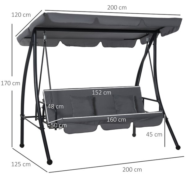Outsunny Waterproof 2-in-1 Patio Swing Chair Lounger 3 Seater Garden Swing Seat w/ Convertible Tilt Canopy and Cushion, Dark Grey Aosom UK