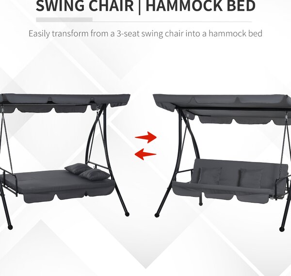 Outsunny Waterproof 2-in-1 Patio Swing Chair Lounger 3 Seater Garden Swing Seat w/ Convertible Tilt Canopy and Cushion, Dark Grey Aosom UK