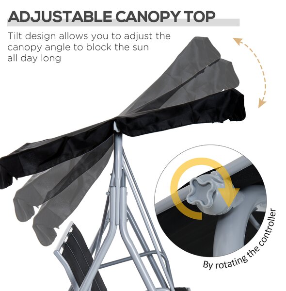 Outsunny Patio Swing Chair 3-Seater Garden Hammock Bench with Rocking Shelter Shade, Metal Frame, Black