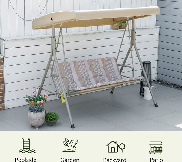 Outsunny 3 Seater Garden Swing Chair, Patio Rocking Bench with Tilting Canopy, Removable Cushion and Steel Frame, Light Brown