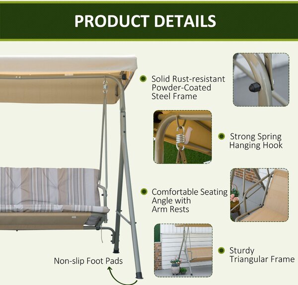 Outsunny 3 Seater Garden Swing Chair, Patio Rocking Bench with Tilting Canopy, Removable Cushion and Steel Frame, Light Brown