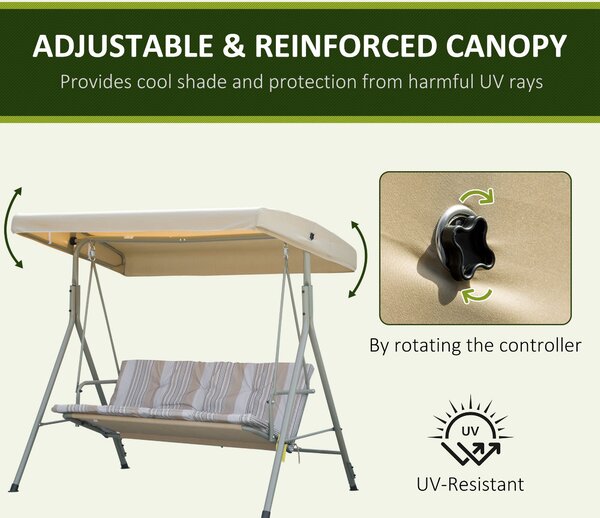 Outsunny 3 Seater Garden Swing Chair, Patio Rocking Bench with Tilting Canopy, Removable Cushion and Steel Frame, Light Brown