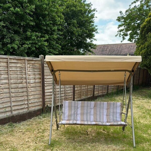 Outsunny 3 Seater Garden Swing Chair, Patio Rocking Bench with Tilting Canopy, Removable Cushion and Steel Frame, Light Brown