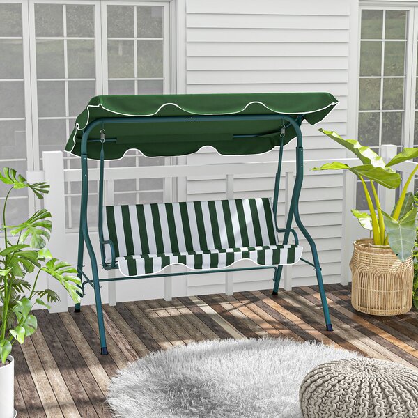 Outsunny Waterproof 3 Seater Garden Swing Seat Chair Outdoor Bench with Adjustable Canopy and Metal Frame, Green Stripes Aosom UK