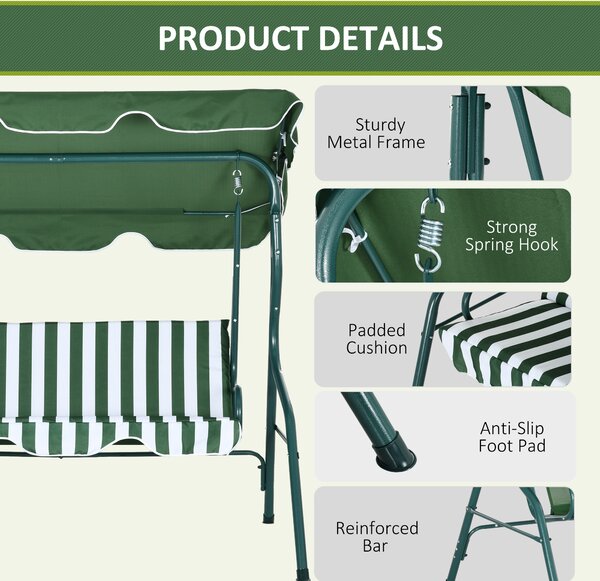 Outsunny Waterproof 3 Seater Garden Swing Seat Chair Outdoor Bench with Adjustable Canopy and Metal Frame, Green Stripes Aosom UK
