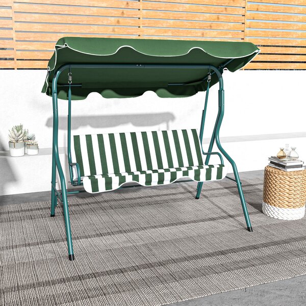 Outsunny Waterproof 3 Seater Garden Swing Seat Chair Outdoor Bench with Adjustable Canopy and Metal Frame, Green Stripes Aosom UK