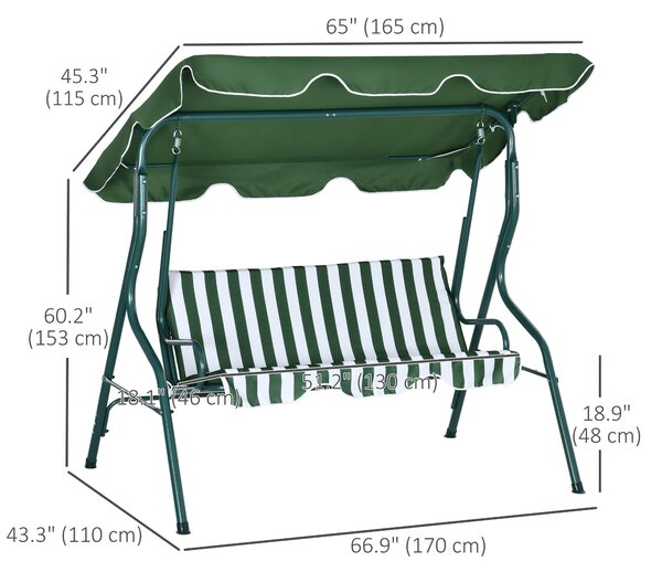 Outsunny Waterproof 3 Seater Garden Swing Seat Chair Outdoor Bench with Adjustable Canopy and Metal Frame, Green Stripes Aosom UK