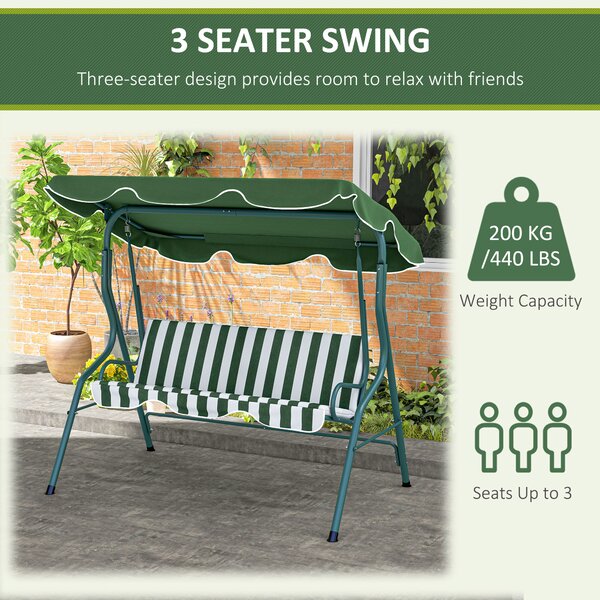 Outsunny Waterproof 3 Seater Garden Swing Seat Chair Outdoor Bench with Adjustable Canopy and Metal Frame, Green Stripes Aosom UK