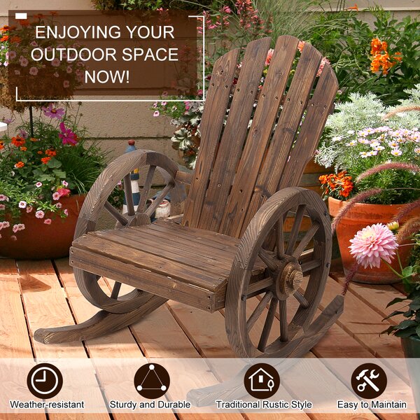 Outsunny Wooden Adirondack Rocking Chair Reclining Armchair Outdoor Garden Furniture Patio Porch Rocker - Carbonized Wood Colour Aosom UK