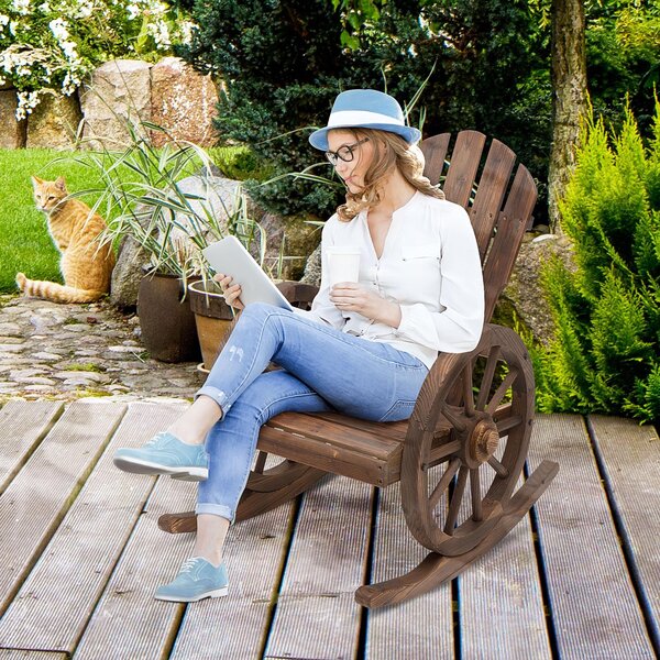Outsunny Wooden Adirondack Rocking Chair Reclining Armchair Outdoor Garden Furniture Patio Porch Rocker - Carbonized Wood Colour Aosom UK