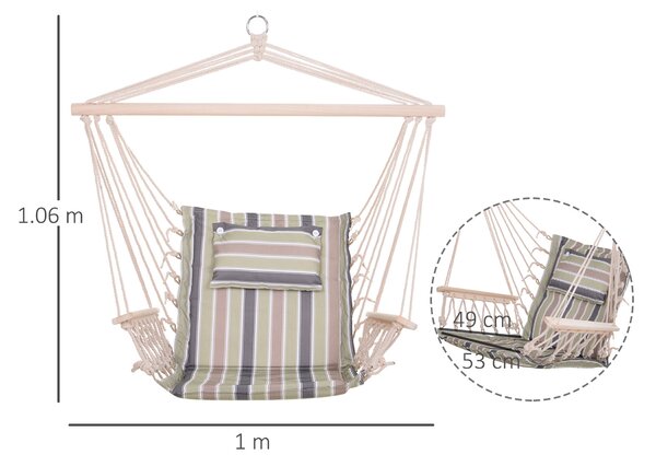Outsunny Hanging Hammock Chair, Outdoor Garden Rope Swing with Wooden Arms, Wide Safe Seat, Stylish Multicoloured Stripes Aosom UK
