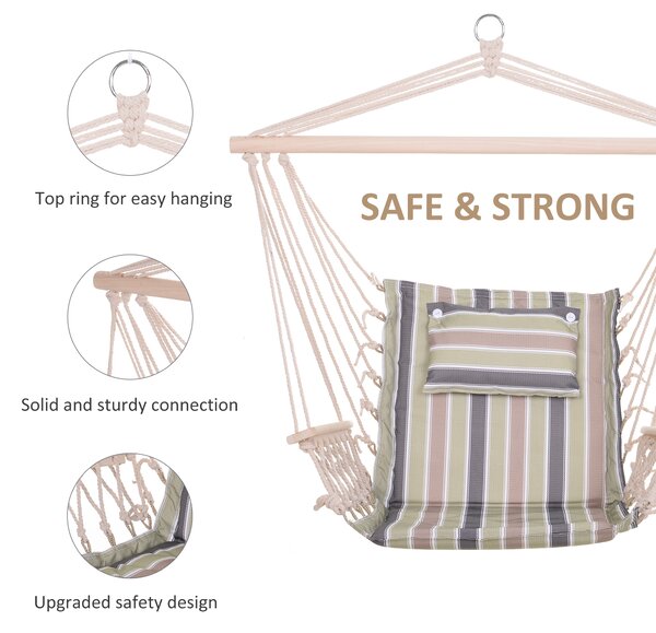 Outsunny Hanging Hammock Chair, Outdoor Garden Rope Swing with Wooden Arms, Wide Safe Seat, Stylish Multicoloured Stripes Aosom UK