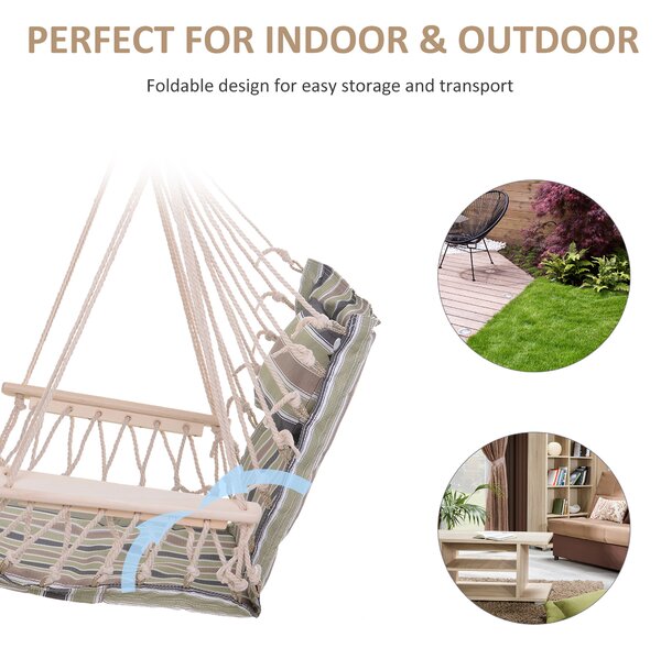 Outsunny Hanging Hammock Chair, Outdoor Garden Rope Swing with Wooden Arms, Wide Safe Seat, Stylish Multicoloured Stripes Aosom UK