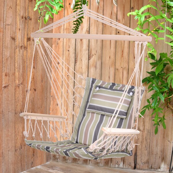 Outsunny Hanging Hammock Chair, Outdoor Garden Rope Swing with Wooden Arms, Wide Safe Seat, Stylish Multicoloured Stripes Aosom UK