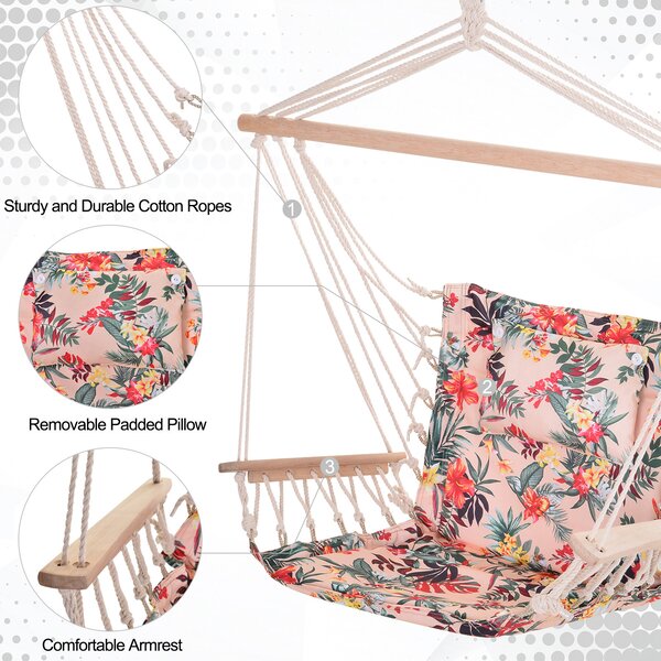 Outsunny Garden Outdoor Hanging Hammock Chair Thick Rope Frame Wooden Arms Safe Wide Seat Garden Outdoor Spot Stylish Multicoloured floral Aosom UK