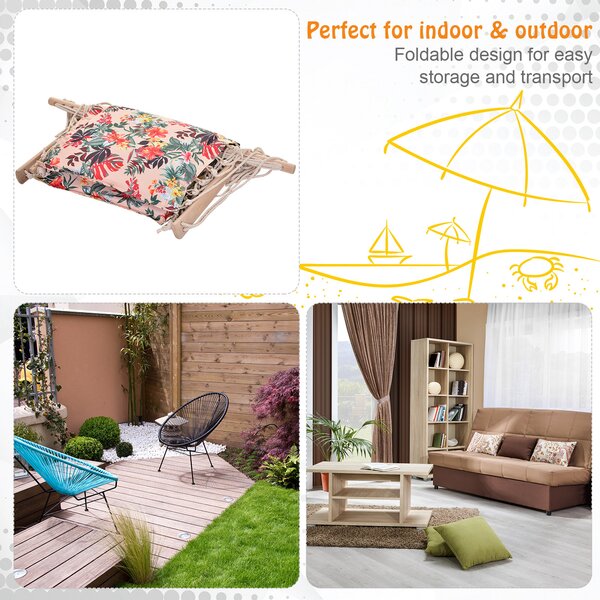 Outsunny Garden Outdoor Hanging Hammock Chair Thick Rope Frame Wooden Arms Safe Wide Seat Garden Outdoor Spot Stylish Multicoloured floral Aosom UK