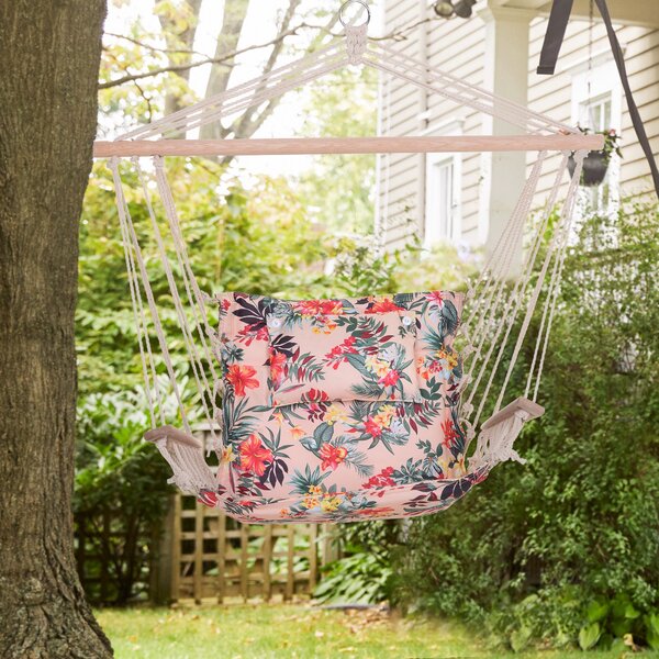 Outsunny Garden Outdoor Hanging Hammock Chair Thick Rope Frame Wooden Arms Safe Wide Seat Garden Outdoor Spot Stylish Multicoloured floral Aosom UK